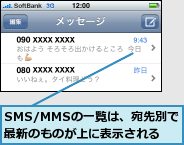 SMS/MMSの一覧は、宛先別で最新のものが上に表示される