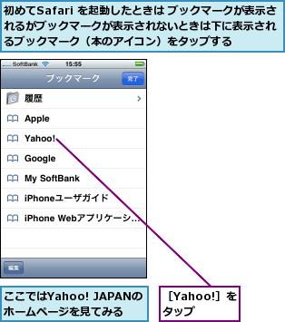 ここではYahoo! JAPANのホームページを見てみる,初めてSafari を起動したときは ブックマークが表示されるがブックマークが表示されないときは下に表示され るブックマーク（本のアイコン）をタップする,［Yahoo!］をタップ  