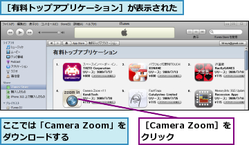 ここでは「Camera Zoom」をダウンロードする　,［Camera Zoom］をクリック　　,［有料トップアプリケーション］が表示された