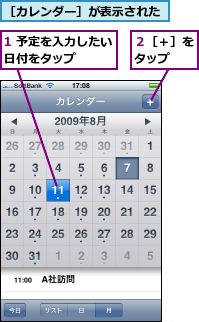 1 予定を入力したい日付をタップ    ,２［＋］をタップ  ,［カレンダー］が表示された