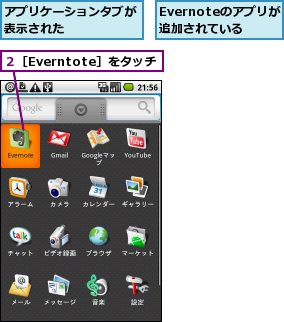 Evernoteのアプリが追加されている,アプリケーションタブが表示された      ,２［Everntote］をタッチ