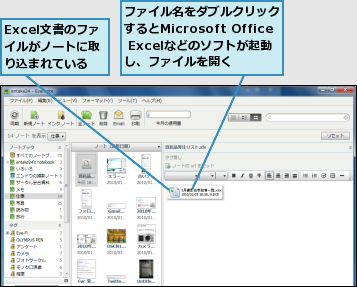 Excel文書のファイルがノートに取り込まれている,ファイル名をダブルクリックするとMicrosoft Office Excelなどのソフトが起動し、ファイルを開く