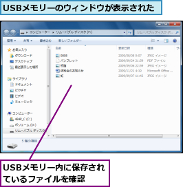 USBメモリーのウィンドウが表示された,USBメモリー内に保存されているファイルを確認