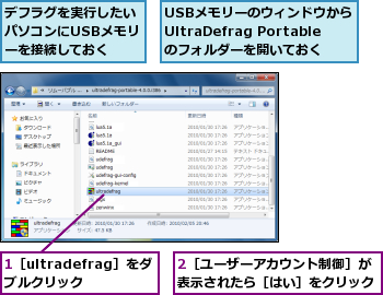 1［ultradefrag］をダブルクリック,2［ユーザーアカウント制御］が表示されたら［はい］をクリック,USBメモリーのウィンドウからUltraDefrag Portableのフォルダーを開いておく,デフラグを実行したいパソコンにUSBメモリーを接続しておく