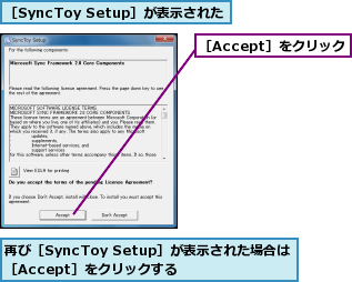再び［SyncToy Setup］が表示された場合は［Accept］をクリックする,［Accept］をクリック,［SyncToy Setup］が表示された