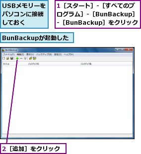 1［スタート］-［すべてのプログラム］-［BunBackup］-［BunBackup］をクリック,2［追加］をクリック,BunBackupが起動した,USBメモリーをパソコンに接続しておく