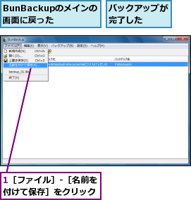 1［ファイル］-［名前を付けて保存］をクリック,BunBackupのメインの画面に戻った,バックアップが完了した  