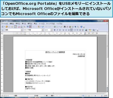 「OpenOffice.org Portable」をUSBメモリーにインストール しておけば、Microsoft OfficeがインストールされていないパソコンでもMicrosoft Officeのファイルを編集できる