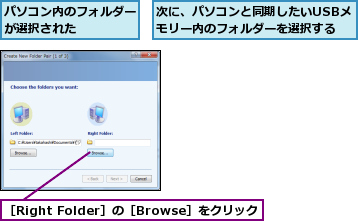 パソコン内のフォルダーが選択された    ,次に、パソコンと同期したいUSBメモリー内のフォルダーを選択する      ,［Right Folder］の［Browse］をクリック