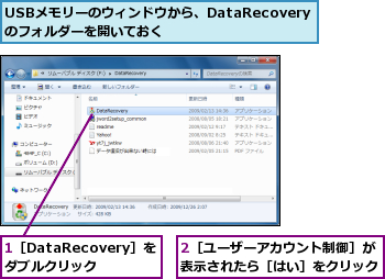 1［DataRecovery］をダブルクリック,2［ユーザーアカウント制御］が表示されたら［はい］をクリック,USBメモリーのウィンドウから、DataRecoveryのフォルダーを開いておく