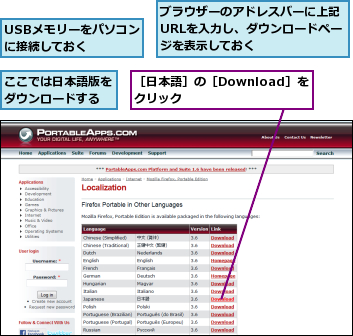 USBメモリーをパソコンに接続しておく  ,ここでは日本語版をダウンロードする,ブラウザーのアドレスバーに上記URLを入力し、ダウンロードページを表示しておく,［日本語］の［Download］をクリック       