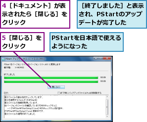 4［ドキュメント］が表示されたら［閉じる］をクリック  ,5［閉じる］をクリック  ,PStartを日本語で使えるようになった  ,［終了しました］と表示され、PStartのアップ デートが完了した