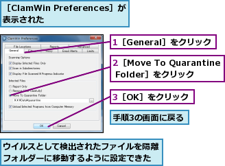 1［General］をクリック,2［Move To Quarantine Folder］をクリック,3［OK］をクリック,ウイルスとして検出されたファイルを隔離フォルダーに移動するように設定できた,手順3の画面に戻る,［ClamWin Preferences］が 表示された    