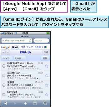 ［Gmailログイン］が表示されたら、Gmailのメールアドレスとパスワードを入力して［ログイン］をタップする,［Gmail］が表示された,［Google Mobile App］を起動して［Apps］-［Gmail］をタップ