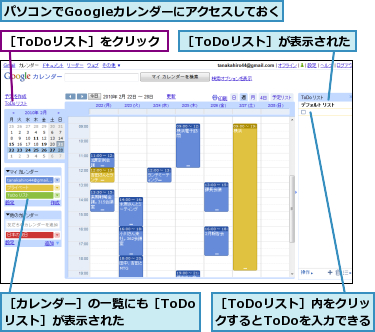 パソコンでGoogleカレンダーにアクセスしておく,［ToDoリスト］が表示された,［ToDoリスト］をクリック,［ToDoリスト］内をクリックするとToDoを入力できる,［カレンダー］の一覧にも［ToDoリスト］が表示された