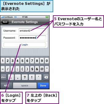 5 Evernoteのユーザー名とパスワードを入力,6［Login］をタップ,7 左上の［Back］をタップ　　,［Evernote Settings］が表示された　　　