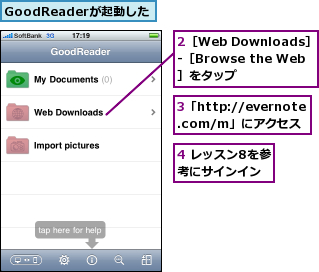2［Web Downloads］ -［Browse the Web］をタップ,3「http://evernote.com/m」にアクセス,4 レッスン8を参考にサインイン,GoodReaderが起動した