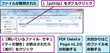 1［pdfdp］をダブルクリック,2［開いているファイル- セキュリティの警告］が表示されたら　　［実行］をクリック,PDF Delete  Page v1.20が起動する,ファイルが展開された,次回からはこのファイルを起動する