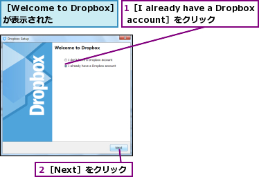 1［I already have a Dropbox account］をクリック,２［Next］をクリック,［Welcome to Dropbox］ が表示された   