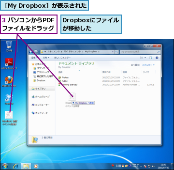 3 パソコンからPDFファイルをドラッグ,Dropboxにファイルが移動した,［My Dropbox］が表示された
