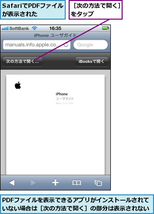 PDFファイルを表示できるアプリがインストールされていない場合は［次の方法で開く］の部分は表示されない,SafariでPDFファイルが表示された,［次の方法で開く］をタップ    