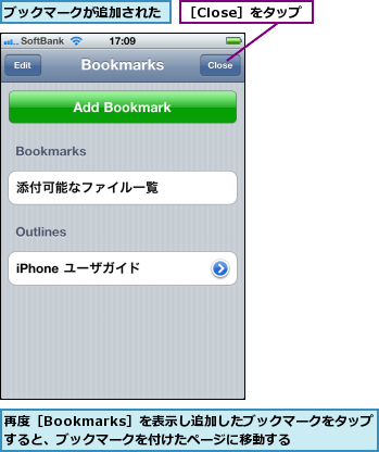 ブックマークが追加された,再度［Bookmarks］を表示し追加したブックマークをタップすると、ブックマークを付けたページに移動する,［Close］をタップ