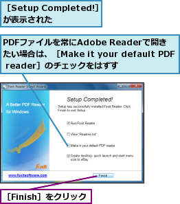PDFファイルを常にAdobe Readerで開き　　　 たい場合は、［Make it your default PDF reader］のチェックをはずす,［Finish］をクリック,［Setup Completed!］が表示された　　
