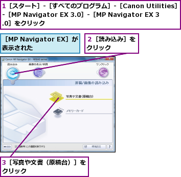1［スタート］-［すべてのプログラム］-［Canon Utilities］-［MP Navigator EX 3.0］-［MP Navigator EX 3.0］をクリック,3［写真や文書（原稿台）］をクリック          ,２［読み込み］をクリック    ,［MP Navigator EX］が表示された  