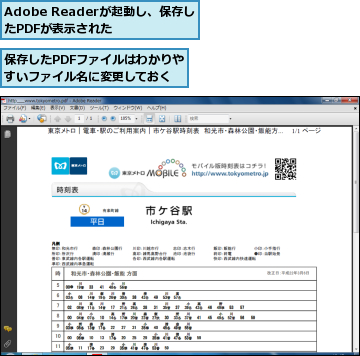 Adobe Readerが起動し、保存したPDFが表示された,保存したPDFファイルはわかりやすいファイル名に変更しておく
