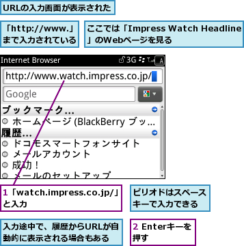 1「watch.impress.co.jp/」　と入力　　　　　　　　　　　　　,2 Enterキーを押す　,URLの入力画面が表示された,「http://www.」まで入力されている,ここでは「Impress Watch Headline」のWebページを見る　　　　,ピリオドはスペースキーで入力できる,入力途中で、履歴からURLが自動的に表示される場合もある