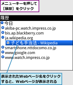 メニューキーを押して［履歴］をクリック,表示されたWebページ名をクリックすると、Webページが表示される