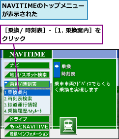 NAVITIMEのトップメニューが表示された    ,［乗換/ 時刻表］-［1. 乗換案内］をクリック                