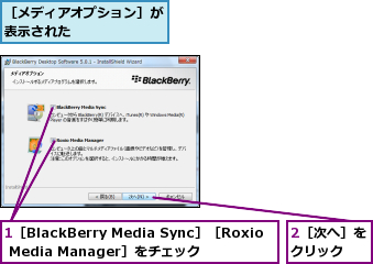 1［BlackBerry Media Sync］［Roxio Media Manager］をチェック,2［次へ］をクリック  ,［メディアオプション］が表示された      