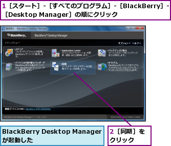 1［スタート］-［すべてのプログラム］-［BlackBerry］-［Desktop Manager］の順にクリック,2［同期］をクリック  ,BlackBerry Desktop Managerが起動した  