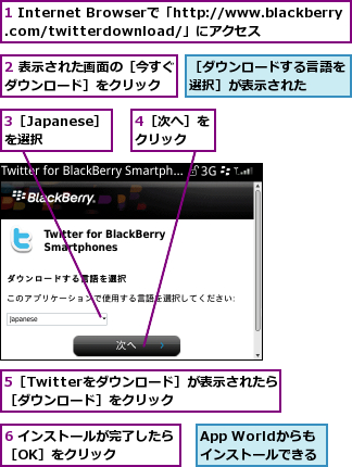 1 Internet Browserで「http://www.blackberry.com/twitterdownload/」にアクセス,2 表示された画面の［今すぐダウンロード］をクリック  ,3［Japanese］を選択  ,4［次へ］をクリック  ,5［Twitterをダウンロード］が表示されたら［ダウンロード］をクリック  ,6 インストールが完了したら［OK］をクリック    ,App Worldからも インストールできる,［ダウンロードする言語を選択］が表示された  