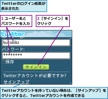 1 ユーザー名とパスワードを入力,2［サインイン］をクリック    ,Twitterのログイン画面が表示された    ,Twitterアカウントを持っていない場合は、［サインアップ］をクリックすると、Twitterアカウントを作成できる