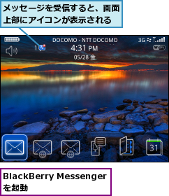 BlackBerry Messengerを起動,メッセージを受信すると、画面上部にアイコンが表示される