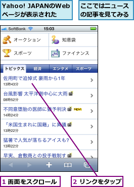 1 画面をスクロール,2 リンクをタップ,Yahoo! JAPANのWebページが表示された,ここではニュースの記事を見てみる