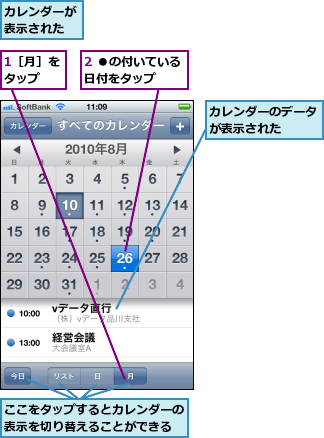 1［月］をタップ　　,2 ●の付いている日付をタップ　　,ここをタップするとカレンダーの表示を切り替えることができる,カレンダーが表示された,カレンダーのデータが表示された　　