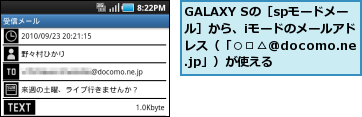 GALAXY Sの［spモードメール］から、iモードのメールアドレス（「○□△@docomo.ne.jp」）が使える