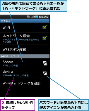 パスワードが必要なWi-Fiには鍵のアイコンが表示される,現在の場所で接続できるWi-Fiの一覧が［Wi-Fiネットワーク］に表示された,２ 接続したいWi-Fiをタップ  