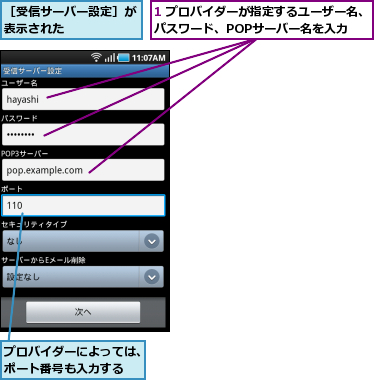 1 プロバイダーが指定するユーザー名、パスワード、POPサーバー名を入力,プロバイダーによっては、ポート番号も入力する,［受信サーバー設定］が表示された      