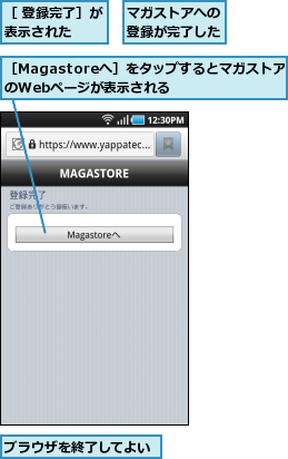 ブラウザを終了してよい,マガストアへの登録が完了した,［ 登録完了］が表示された  ,［Magastoreへ］をタップするとマガストアのWebページが表示される  