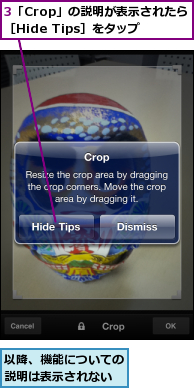 3「Crop」の説明が表示されたら［Hide Tips］をタップ,以降、機能についての説明は表示されない