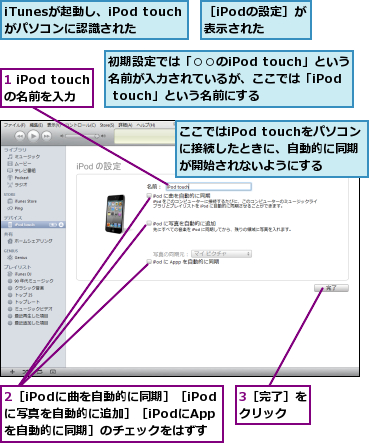 1 iPod touchの名前を入力,2［iPodに曲を自動的に同期］［iPodに写真を自動的に追加］［iPodにAppを自動的に同期］のチェックをはずす,3［完了］をクリック ,iTunesが起動し、iPod touchがパソコンに認識された,ここではiPod touchをパソコンに接続したときに、自動的に同期が開始されないようにする,初期設定では「○○のiPod touch」という名前が入力されているが、ここでは「iPod touch」という名前にする,［iPodの設定］が表示された