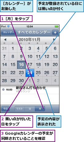 1［月］をタップ,2 黒い点が付いた日をタップ    ,3 Googleカレンダーの予定が同期されていることを確認,予定が登録されている日には黒い点が付く    ,予定の内容が表示された,［カレンダー］が起動した    