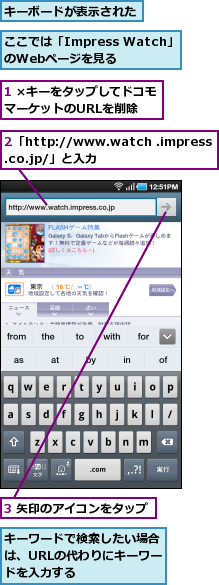1 ×キーをタップしてドコモマーケットのURLを削除　　,2「http://www.watch .impress.co.jp/」と入力,3 矢印のアイコンをタップ,ここでは「Impress Watch」のWebページを見る,キーボードが表示された,キーワードで検索したい場合は、URLの代わりにキーワードを入力する