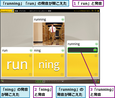 1「 run」と発音,2「ning」と発音,3「running」と発音,「ning」の発音が聞こえた,「running」「run」の発音が聞こえた,「running」の発音が聞こえた