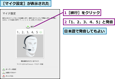 1［続行］をクリック,2「1、2、3、4、5」と発音,日本語で発音してもよい,［マイク設定］が表示された