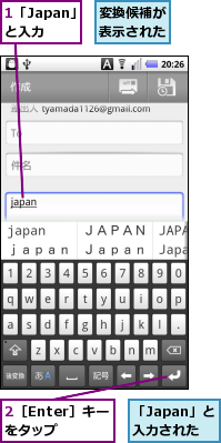1「Japan」と入力,2［Enter］キーをタップ,「Japan」と　入力された,変換候補が表示された